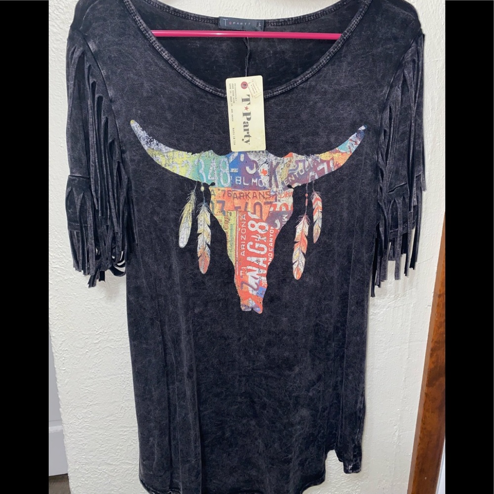 T Party License Plate Bull Skull Fringe Top